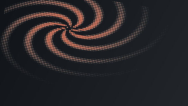 Abstract background, with orange halftone, dots forming a, swirling spiral pattern, on a dark, grey surface for, a dynamic composition