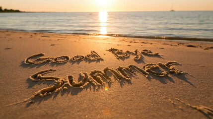 Obraz premium a serene beach scene at sunset. The sun casts a warm, golden hue over the horizon, reflecting off the calm water. The word Good Bye Summer is written in the sand.