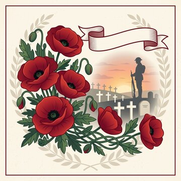 Remembrance day poster, Lest We forget 11 November greeting banner or card of poppy flowers, Vector illustration.	