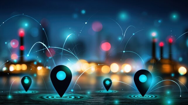 Creative representation of location markers with glowing lights and abstract elements illustrating technology and connectivity in urban environments