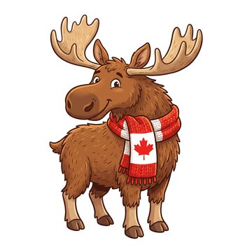 Moose Wearing Canada Flag Scarf Cartoon Illustration