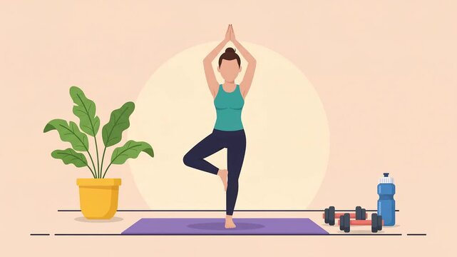 Yoga Wellness Flat Vector Animation, Faceless Woman Practicing Tree Pose on Yoga Mat with Dumbbells and Plant, Healthy Lifestyle and Fitness Concept, Calm Motion Graphics Loop