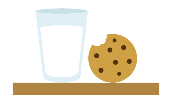 Glass of milk and a chocolate chip cookie with a bite mark on a flat surface representing a snack and food concept