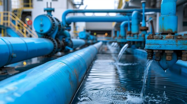 Industrial water treatment facility discharging clean water into pool with blue pipe systems
