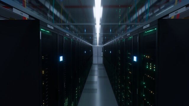 Powerful server aisle stretching through a modern data center corridor with glowing led lights and symmetrical perspective ideal for cloud hosting