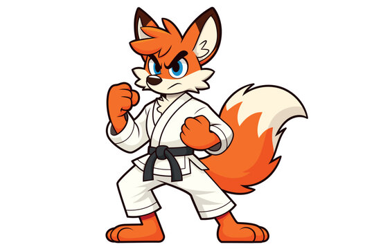 Cartoon Karate Fox Mascot in Martial Arts Uniform Vector Illustration