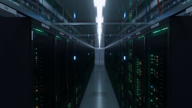 Dramatic server corridor perspective glowing with green indicator lights and overhead light beam inside a dark modern data center ideal for cloud