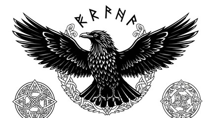 Obraz premium Viking Raven Design with Runes and Celtic Knots