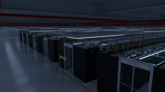 Modern data center server hall with rows of glowing cold aisle server racks and overhead cabling under cool blue light ideal for cloud computing and