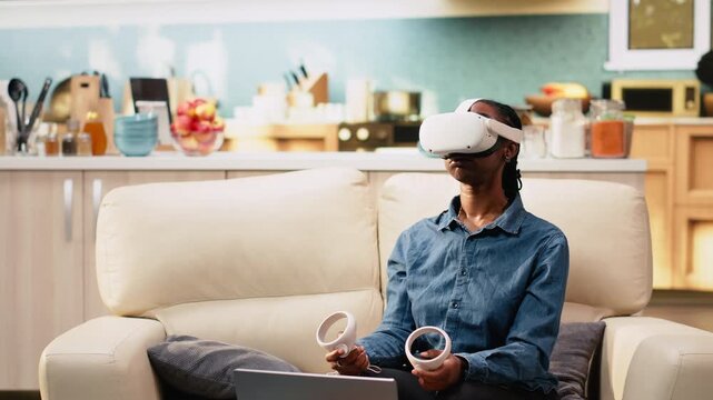 Woman freelancer using VR headset for metaverse immersion, motion tracking for futuristic and immersive multitasking, person telecommuting.