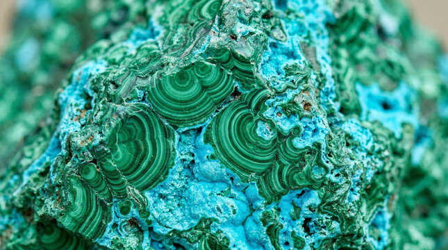 A close-up view reveals the intricate concentric green patterns and vibrant blue textures.