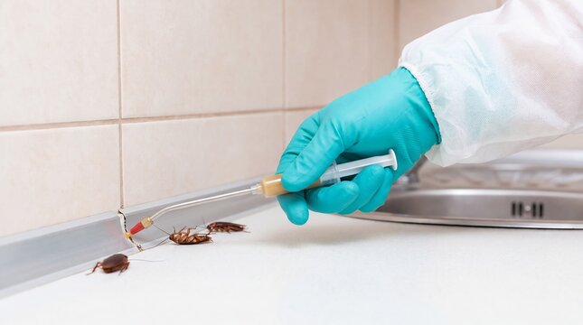 Pest control worker treats cockroaches with insecticide beside a kitchen sink. A gloved hand targets the tiled counter seam. Pest control and household hygiene concept.