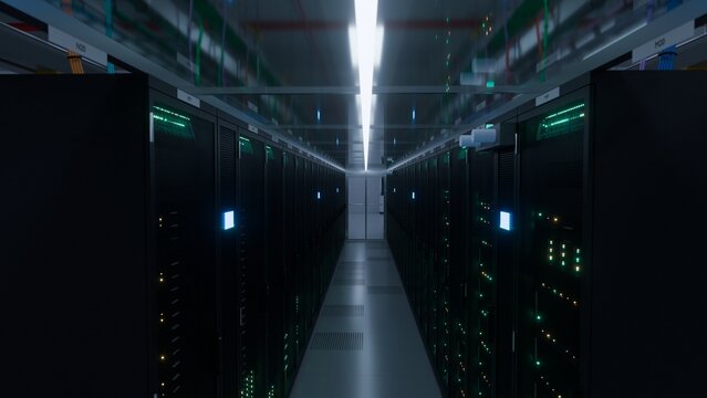 Sleek server corridor with symmetrical vanishing point perspective and glowing rack lights in a modern data center ideal for cloud AI and