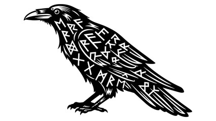 Obraz premium Viking Raven Illustration with Nordic Runes Black and White
