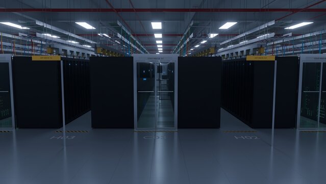 Modern data center cold aisle containment corridor flanked by labeled hot aisle server racks in a clean high tech facility ideal for cloud hosting and