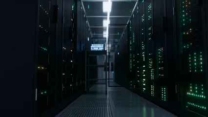 Moody server corridor illuminated by glowing led lights leading to a bright vanishing point inside a modern data center ideal for cloud computing and © .shock