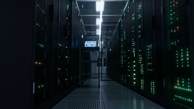 Moody server corridor illuminated by glowing led lights leading to a bright vanishing point inside a modern data center ideal for cloud computing and
