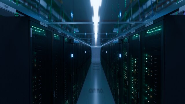 Symmetrical server aisle glowing with green indicator lights inside a dark modern data center corridor ideal for cloud computing cybersecurity and AI