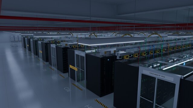 Modern data center cold aisle with rows of server racks and color coded overhead network cabling under cool ambient lighting ideal for cloud hosting