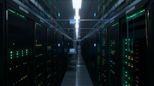 Dramatic data center server aisle with glowing green rack indicators and central overhead light beam in dark modern facility ideal for cloud computing