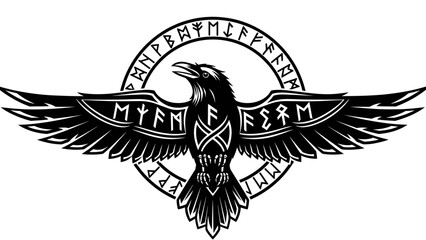 Obraz premium Viking Raven with Norse Runes Black and White Vector Illustration