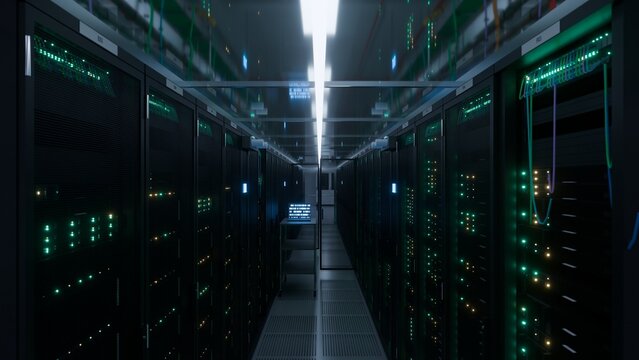 Modern server hall corridor lined with illuminated server racks and green status lights in a dark data center ideal for cloud hosting cybersecurity