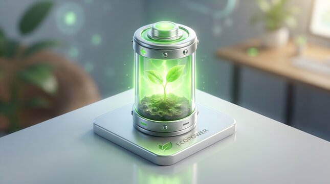 Battery with green plant on charging pad