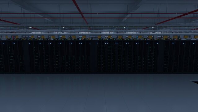 Data center wide shot of long server racks with blinking lights in a dark hyperscale cloud computing facility with polished floor and copy space for
