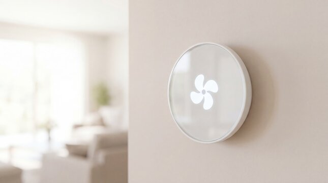 Wall mounted electric fan circulates air inside a modern home. Soft daylight enters the minimalist room beside the appliance. Cooling technology supports comfort and airflow.