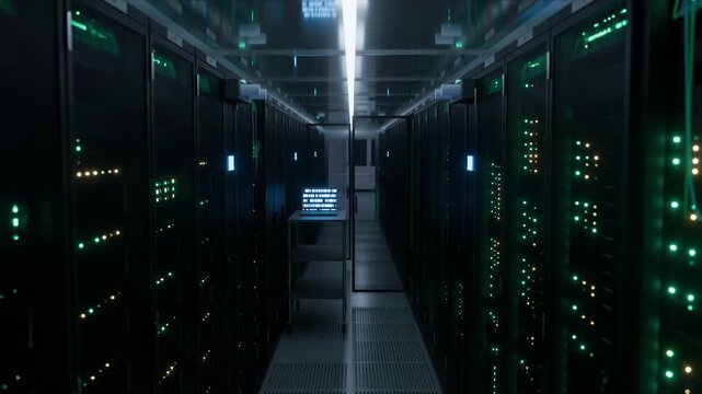 Forward slider tracking shot through a dark server room aisle toward a glowing laptop monitor on a cart between illuminated data racks