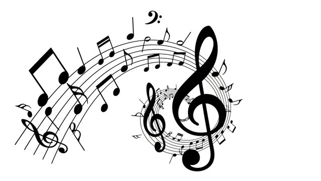 Musical notes swirl with treble and bass clefs on white background
