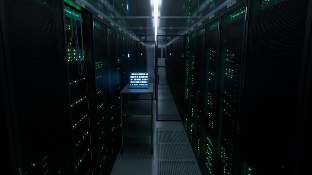Slow tracking flythrough through futuristic data center corridor past illuminated laptop and blinking server racks with vibrant green indicator lights