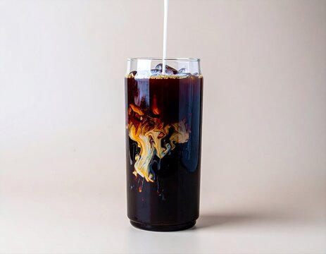 Iced cold brew coffee with milk swirl effect in tall glass