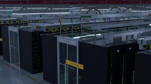 Slow orbit move across server aisle containment doors and overhead cable trays in a modern data center revealing cool blinking indicator lights for