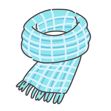 Light blue checked scarf rolled up. Hand drawn warm winter muffler isolated on white background.
