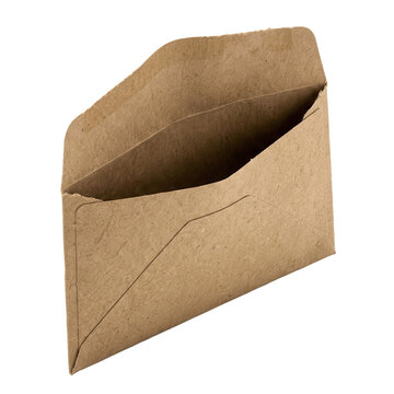 An open, empty brown envelope made of textured, recycled kraft paper, isolated on a plain .