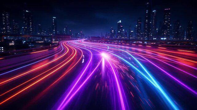 Speeding through the city at night with streaks of light on the highway, illustrating the concept of rapid movement and urban dynamism