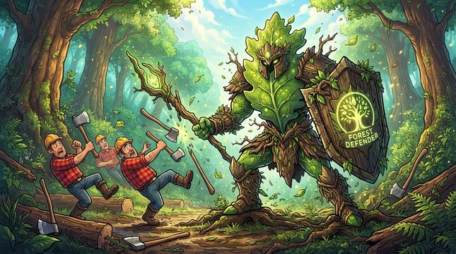 Plant monster confronting lumberjacks in a forest