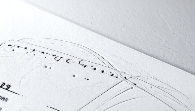 Close up of embossed braille text on white paper with minimalist composition and soft natural lighting