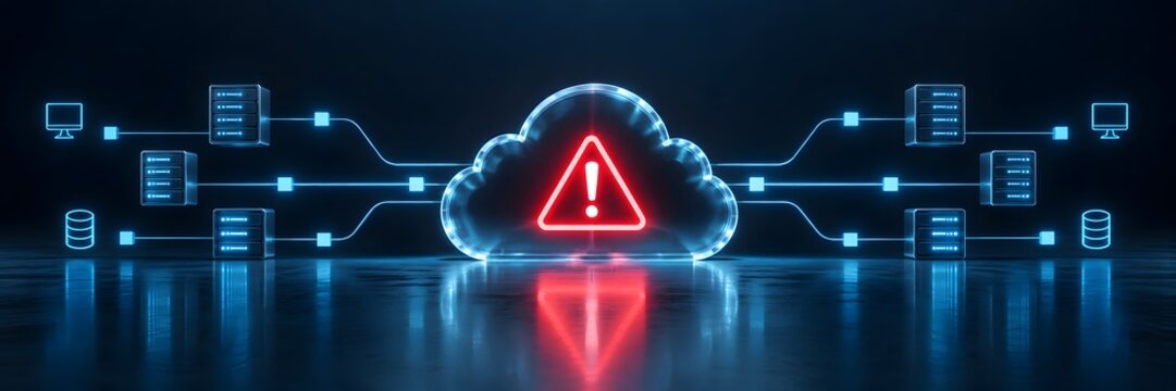 Glowing digital cloud computing network architecture diagram displaying a central critical red alert warning connected to distributed server databases