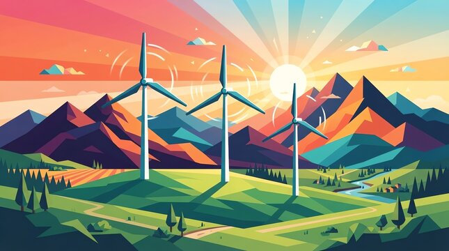 Wind turbines in mountain landscape at sunset