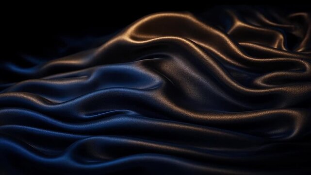 Abstract dark blue and gold wavy satin fabric background with metallic gloss. Luxury elegant smooth liquid silk material surface, 3d render