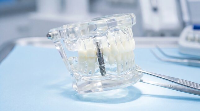 Dental implant shown in a clear jaw model. Tools rest beside artificial teeth on a clinical table. Modern dentistry supports implant education and patient care.