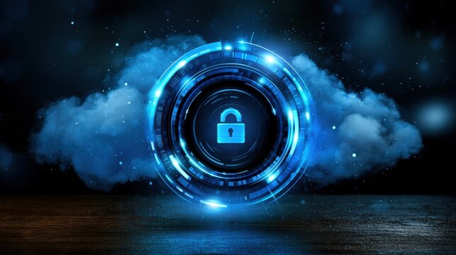 Futuristic Cloud Storage and Security Concept with Digital Lock Symbol Surrounded by Bright Blue Lights and Abstract Cloud Background