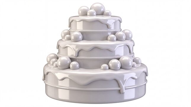 Minimalist 3d white tiered cake with glossy pearls and dripping glaze