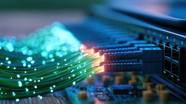 Close-Up of Fiber Optic Cables Illuminating with Light Connected to Network Switch in Data Center for Telecommunications and Data Transmission Illustration