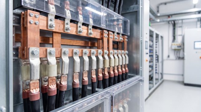 Electrical switchgear carries current through copper busbars and cables. Clear panels reveal hardware inside a modern facility. Power distribution concept.