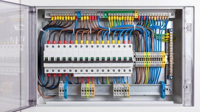 Electrical panel with circuit breakers and wiring. Open enclosure reveals terminals and color coded cables. Power safety and installation concept.
