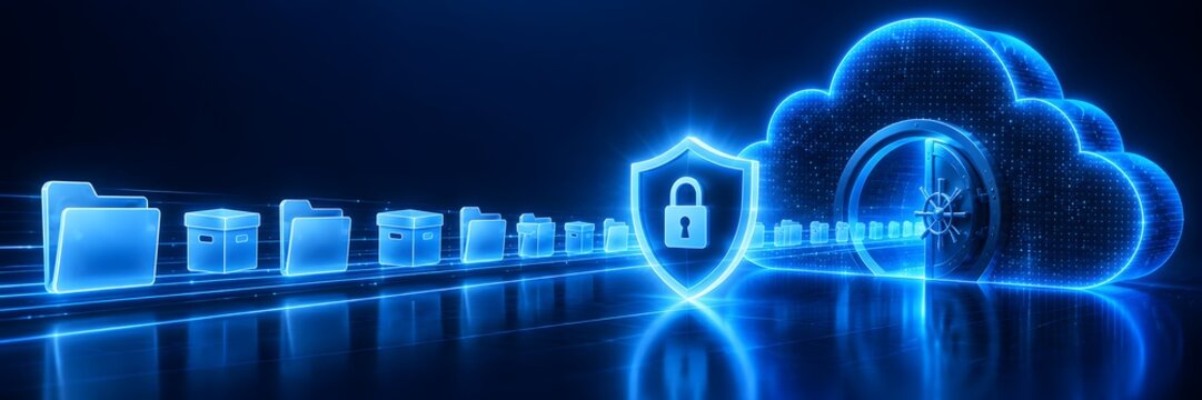 Glowing cloud computing vault with a secure padlock shield receiving a stream of digital folders representing encrypted data storage and safe archiving