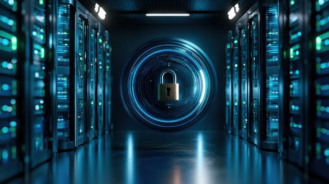 Futuristic Data Center with Secure Digital Lock Concept, Representing Cybersecurity and Data Protection in a High-Tech Environment